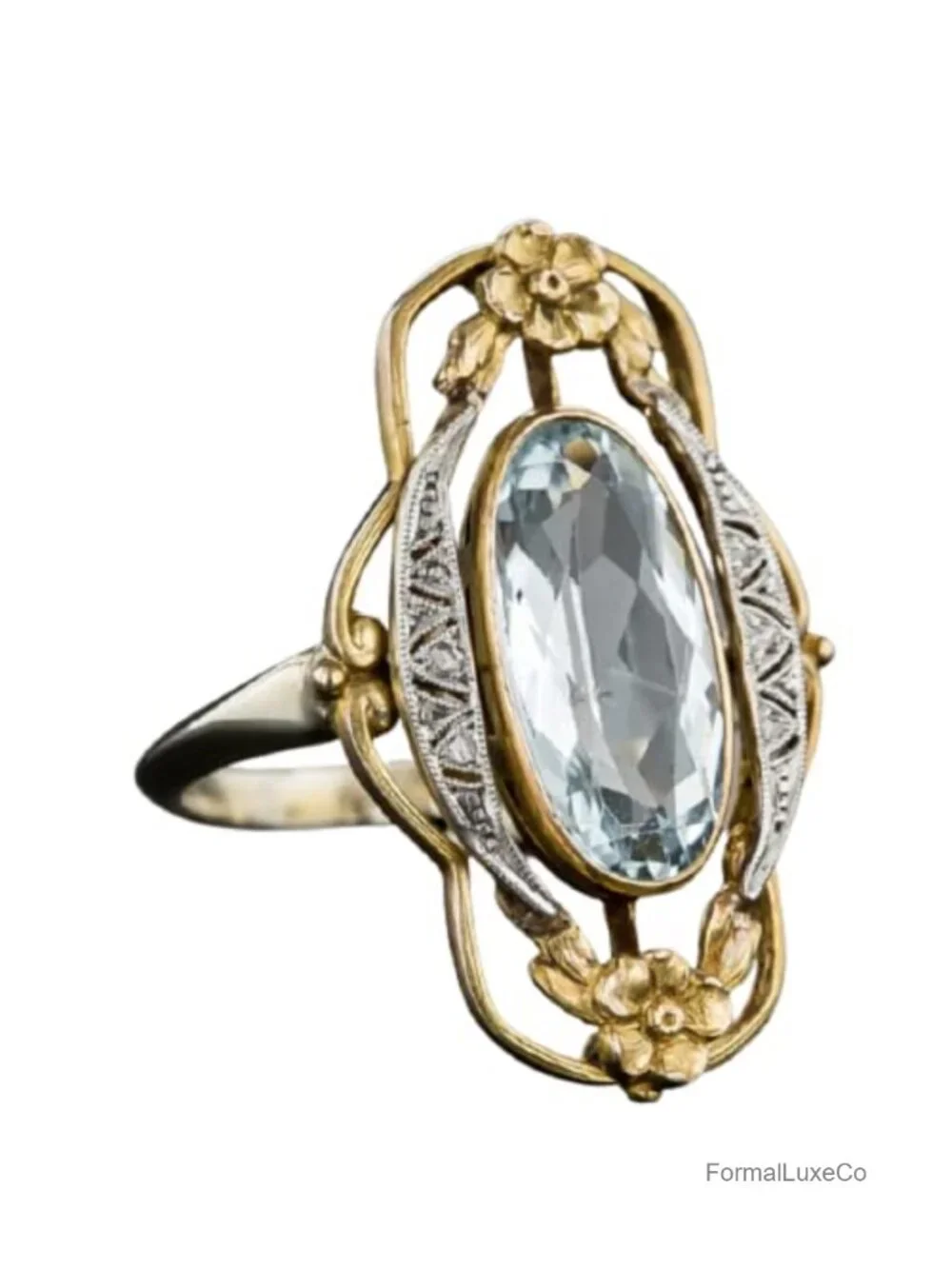 Vintage 925 Sterling Silver Oval CZ Statement Ring Gold Plated Floral Antique